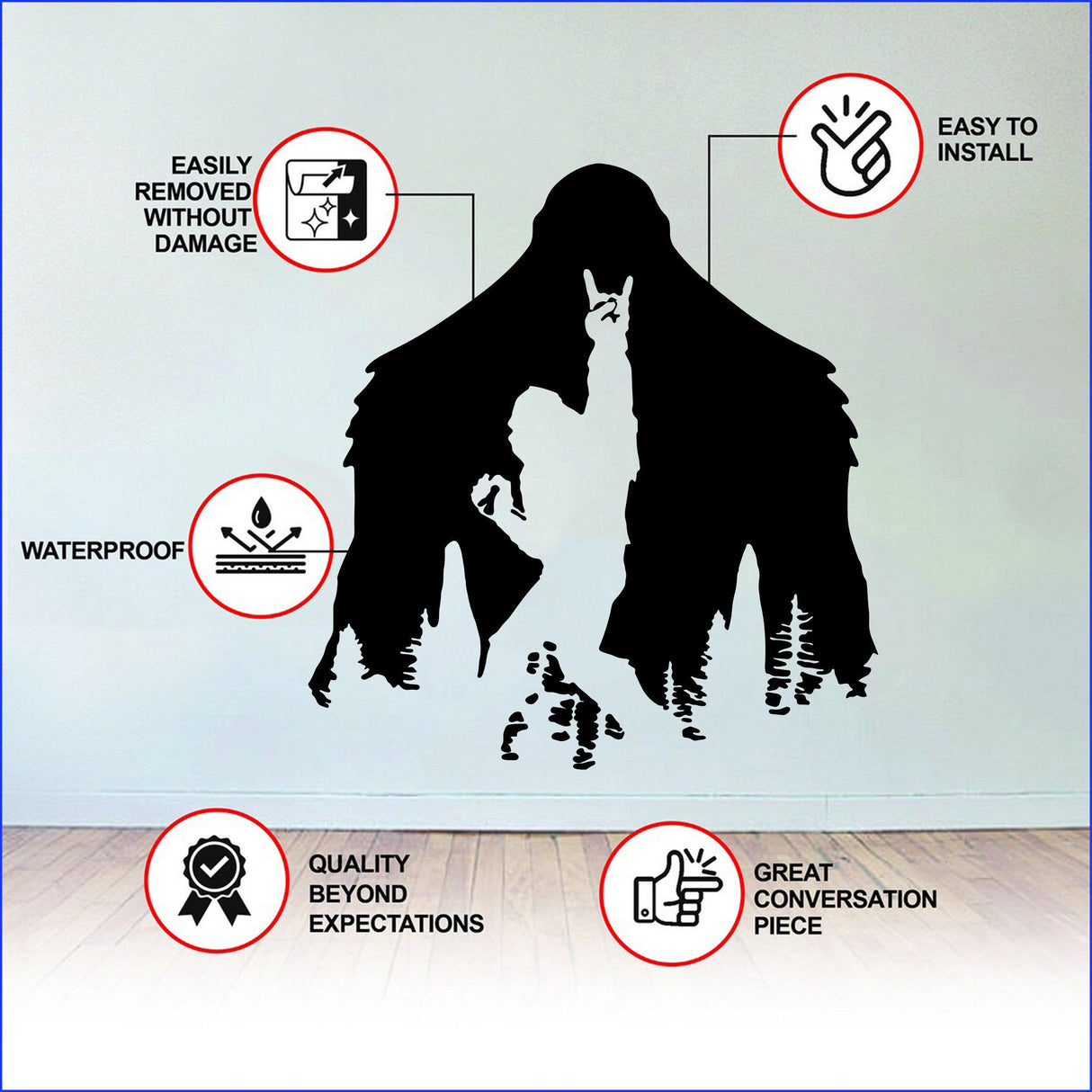 Whimsical yeti wall decal showcasing features: waterproof, easy to install, removable, and a great conversation starter.
