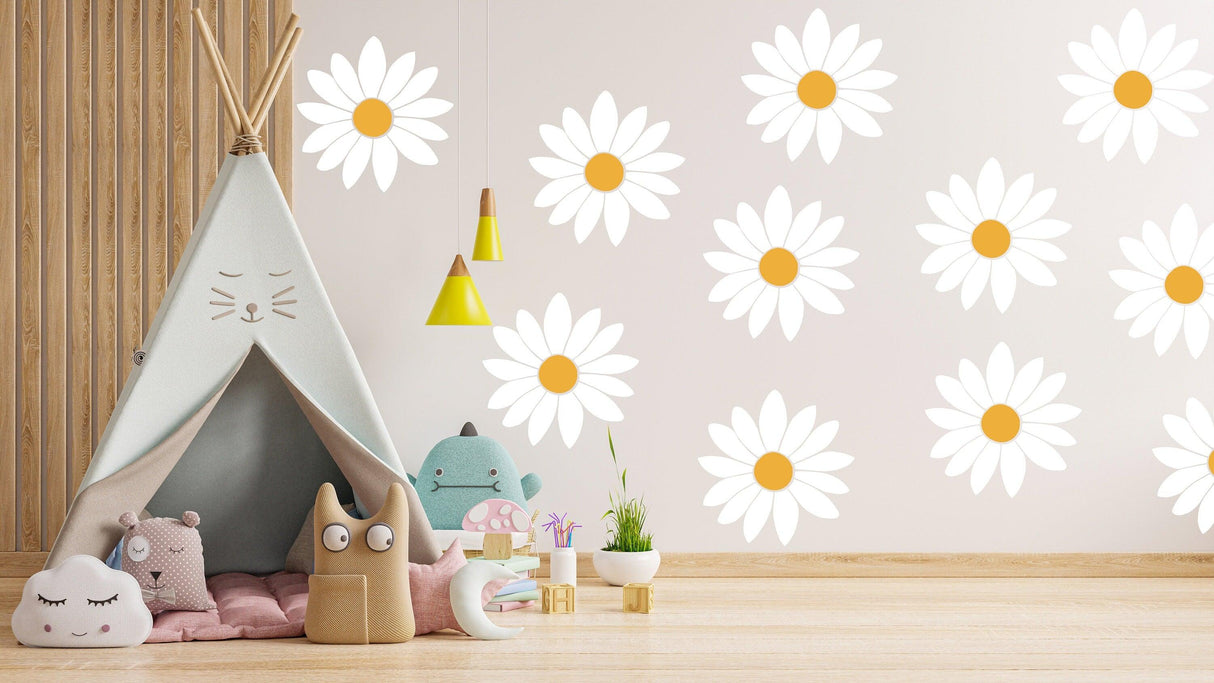 Colorful room decor featuring 24 daisy wall decals, with a cozy play area and stuffed animals.