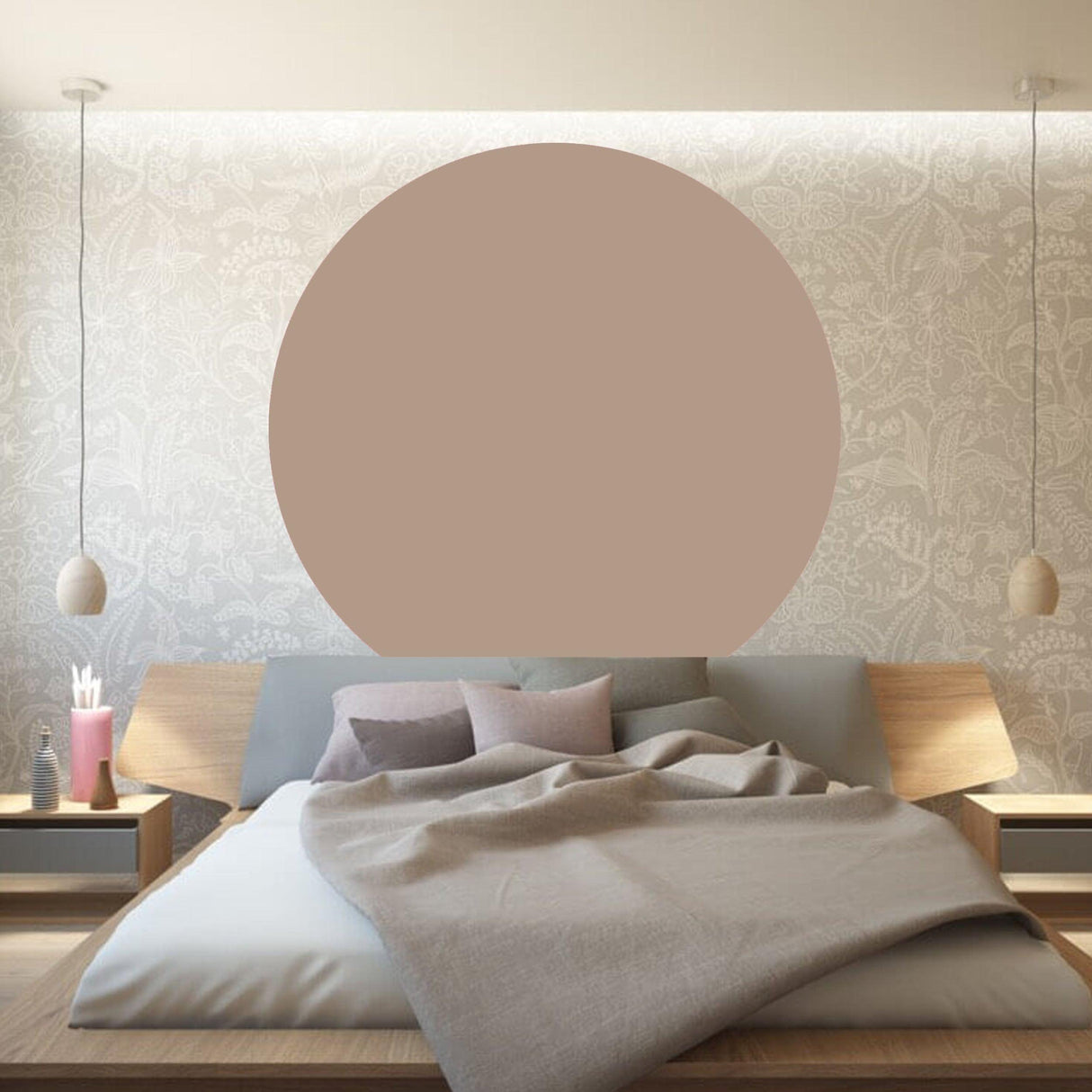 Scandinavian style circle wall sticker decor in a modern bedroom setting.