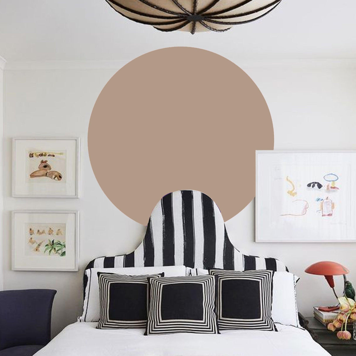 Circle Boho Wall Decal in a modern bedroom with striped headboard and wall art.