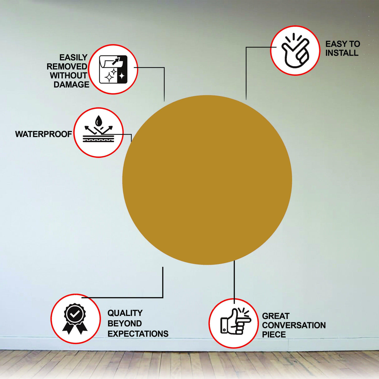 Circle wall sticker decal features including waterproof, easy install, and quality craftsmanship for stylish interiors.