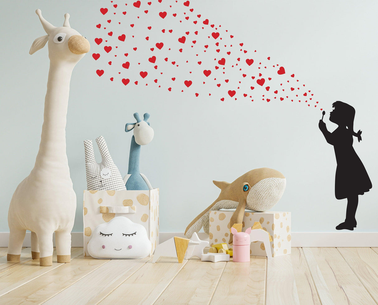 Heart Bubbles Girl Wall Sticker with heart-shaped bubbles, adding love and street art to a playful room setting.