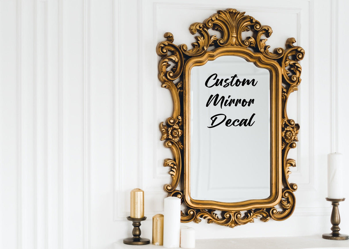 Elegant custom mirror decal on a vintage gold frame in a stylish interior setting.