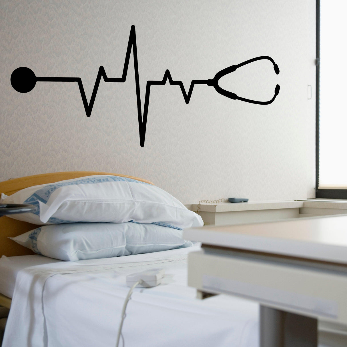 Emt Paramedic wall sticker design featuring a stethoscope and heartbeat line in a medical setting.
