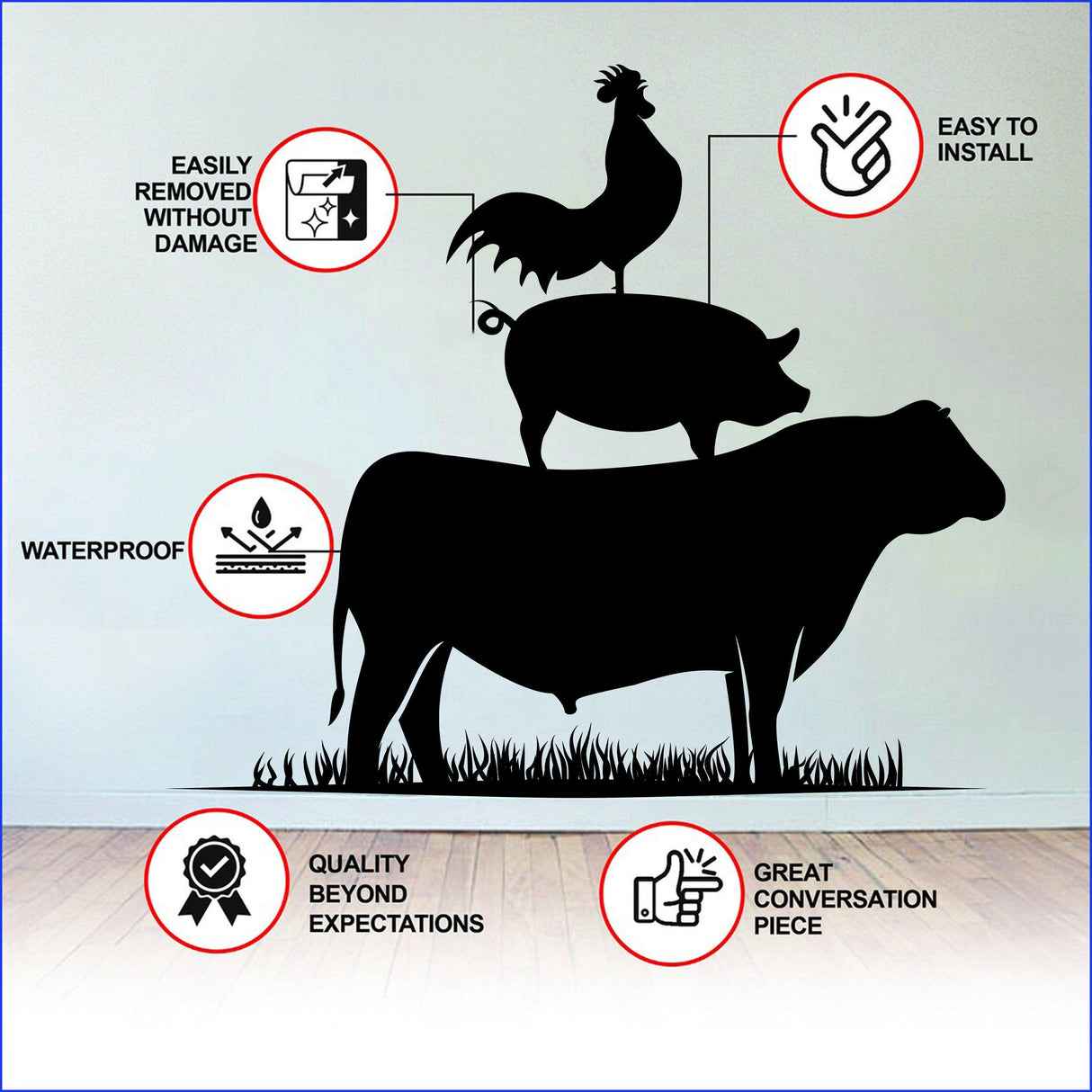 Wall sticker featuring a rooster on a pig atop a cow, highlighting features like easy installation and waterproof design.