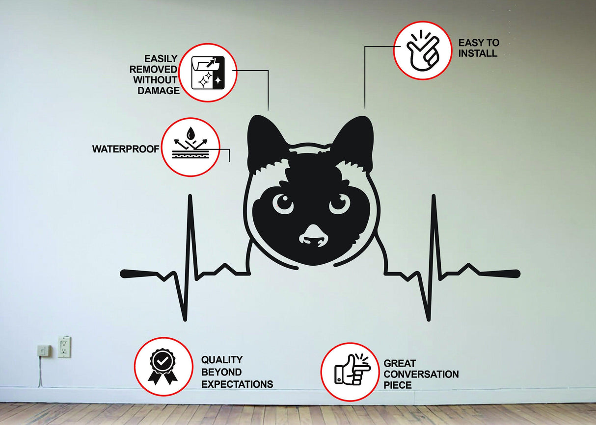 Siamese cat vinyl wall decal features installation tips, waterproof design, and removable without damage.