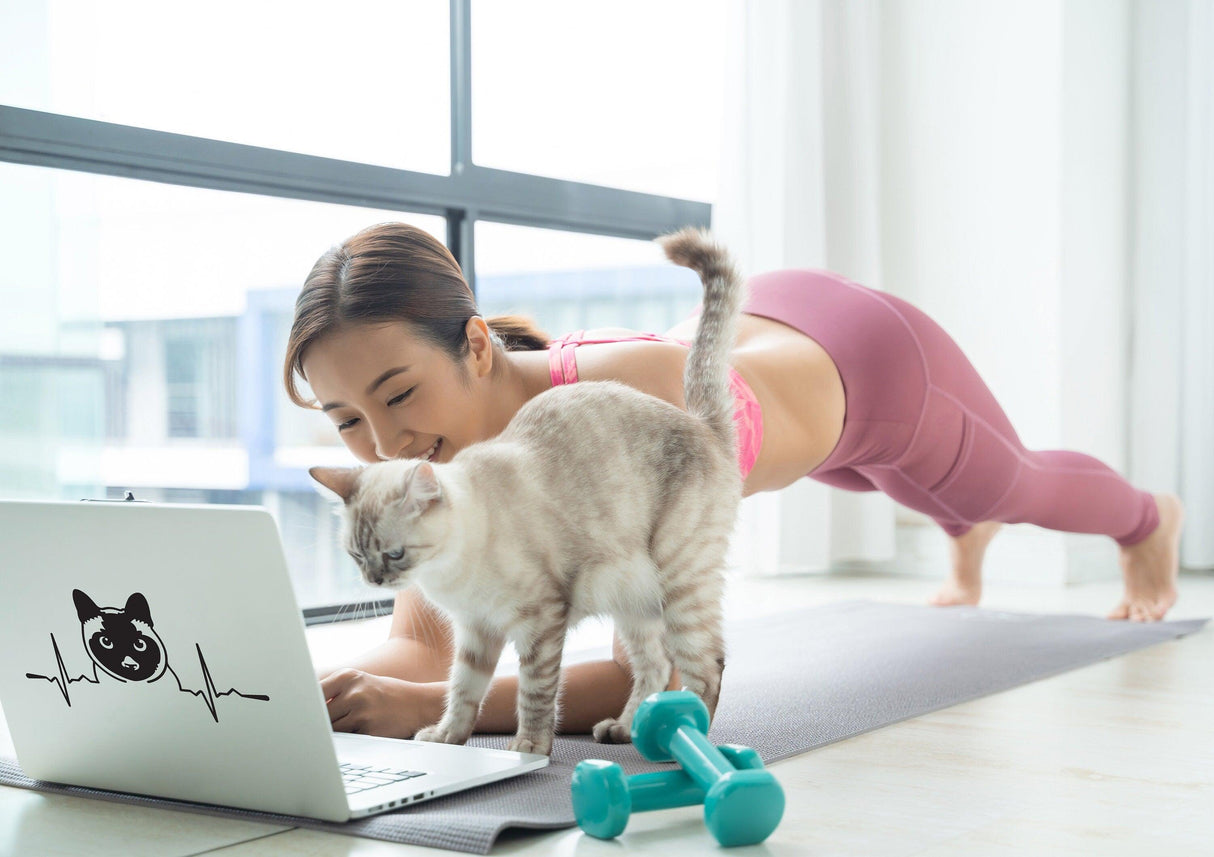 Woman doing a plank exercise at home with a Siamese cat and dumbbells, showcasing a cute cat-themed laptop sticker.