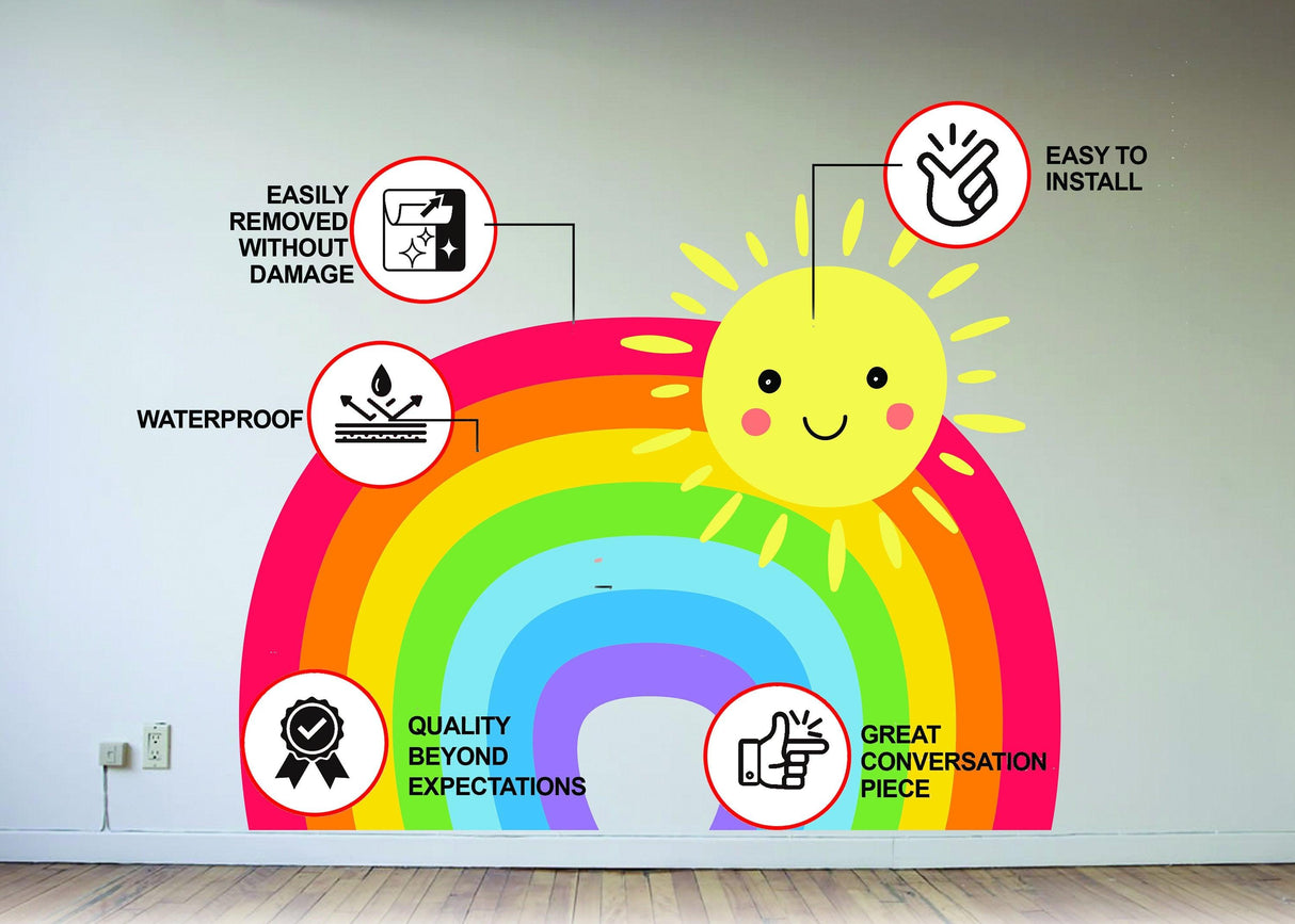 Colorful rainbow wall sticker with sun and features such as waterproof, easy to install, and easily removed without damage.