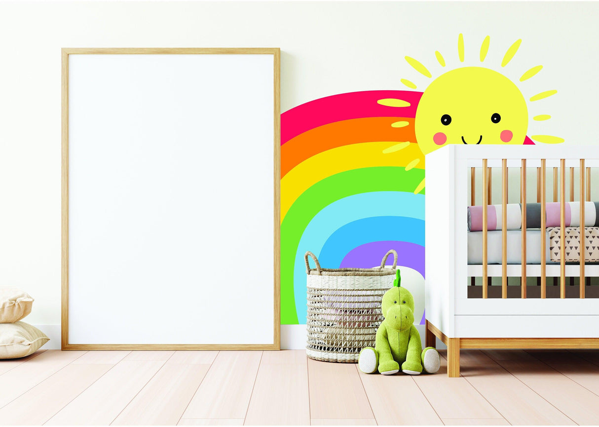 Colorful rainbow wall sticker with a smiling sun in a nursery, adding charm to baby room decor.
