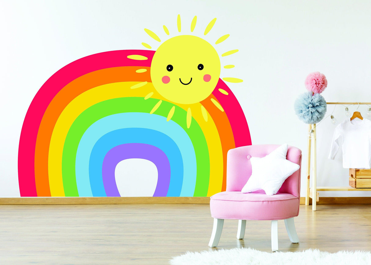Colorful rainbow wall sticker with a smiling sun, perfect nursery decor for baby rooms.