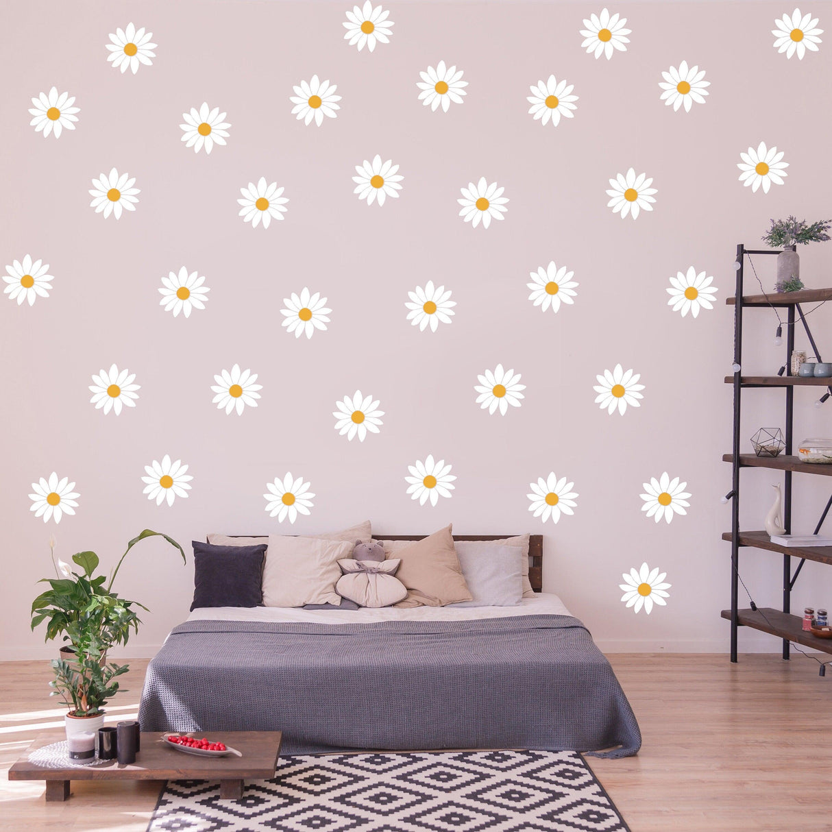 Cozy bedroom featuring 24 white daisy wall decals for a fresh and vibrant room decor.
