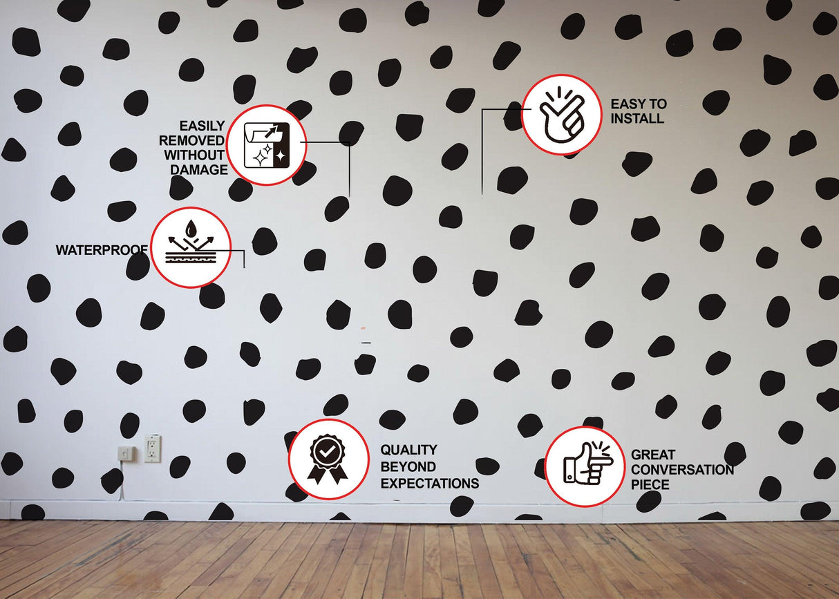 Modern polka dot wall decals with installation features and benefits listed on a wall.