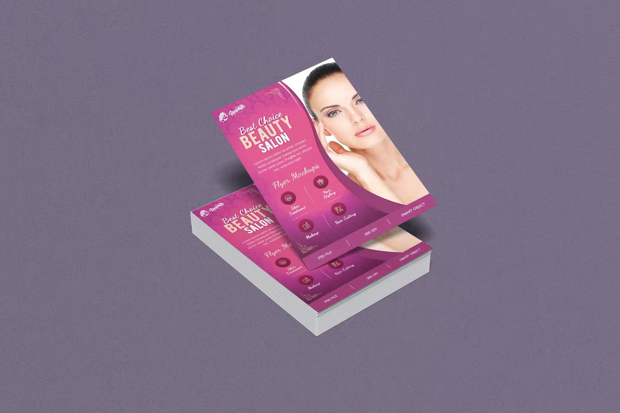 Custom printed beauty salon flyers showcasing personalized design and services on a vibrant pink background.