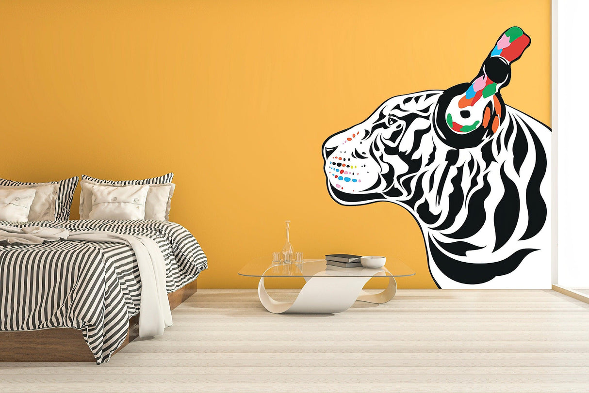 Tiger wall art sticker of a colorful DJ tiger with headphones on an orange wall in a stylish bedroom.