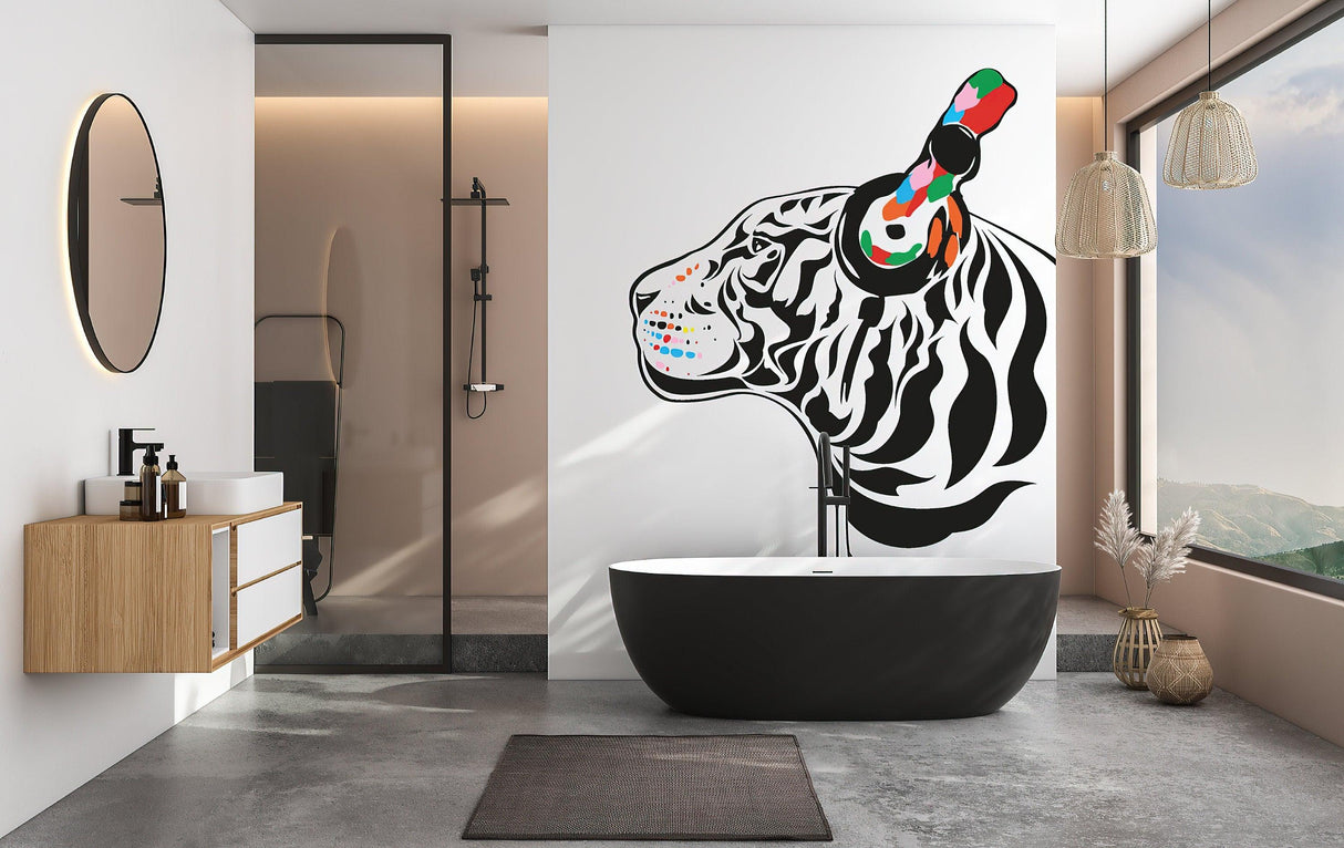 Tiger wall art sticker featuring a DJ tiger with headphones in a modern bathroom setting.