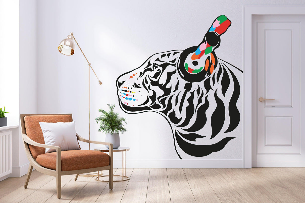Tiger wall art sticker featuring a colorful tiger with headphones, adding style to modern interior decor.