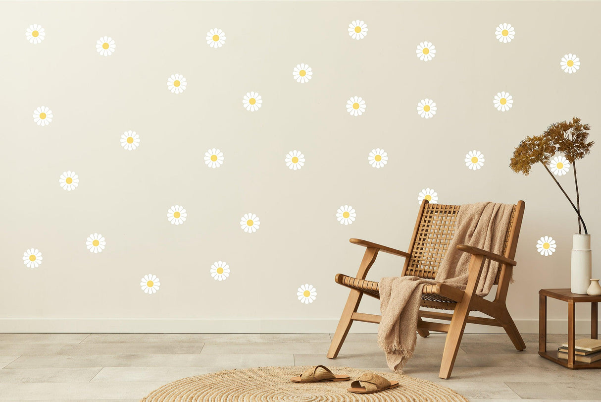 Stylish living room featuring 24 white daisy flowers wall stickers for elegant floral decor.