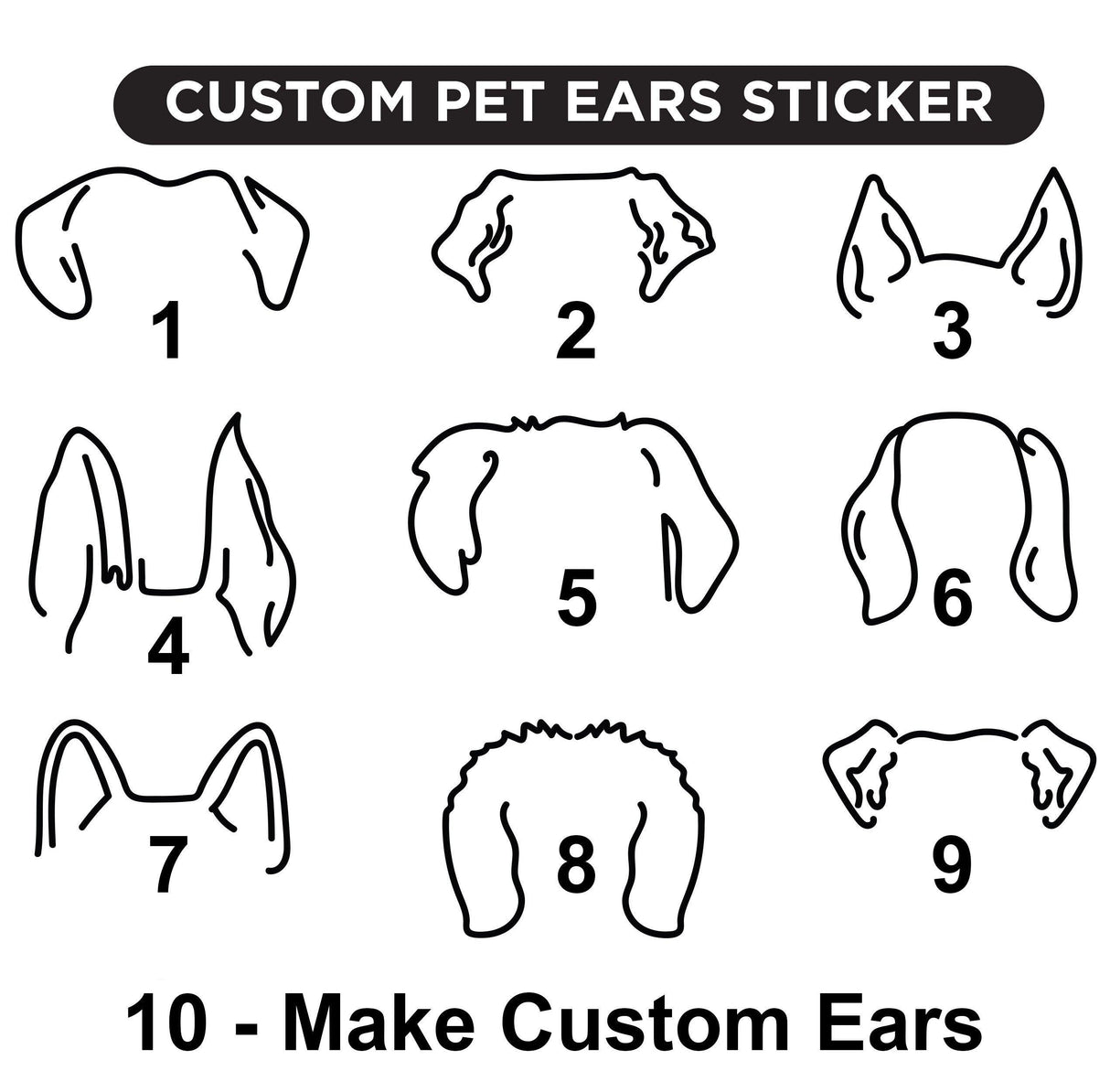 Custom pet ears sticker design options for personalized vinyl decals featuring various dog ear silhouettes.