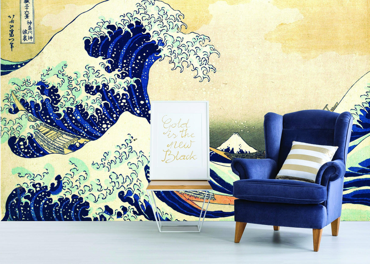 Kanagawa Wave wallpaper decal featuring ocean waves and a mountain, enhancing modern home decor.
