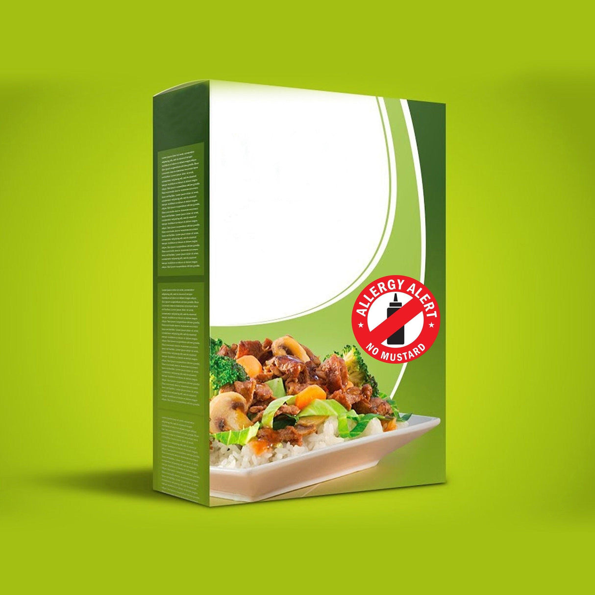 Box featuring No Mustard Allergy Alert Sticker, highlighting food safety for those with mustard allergies.