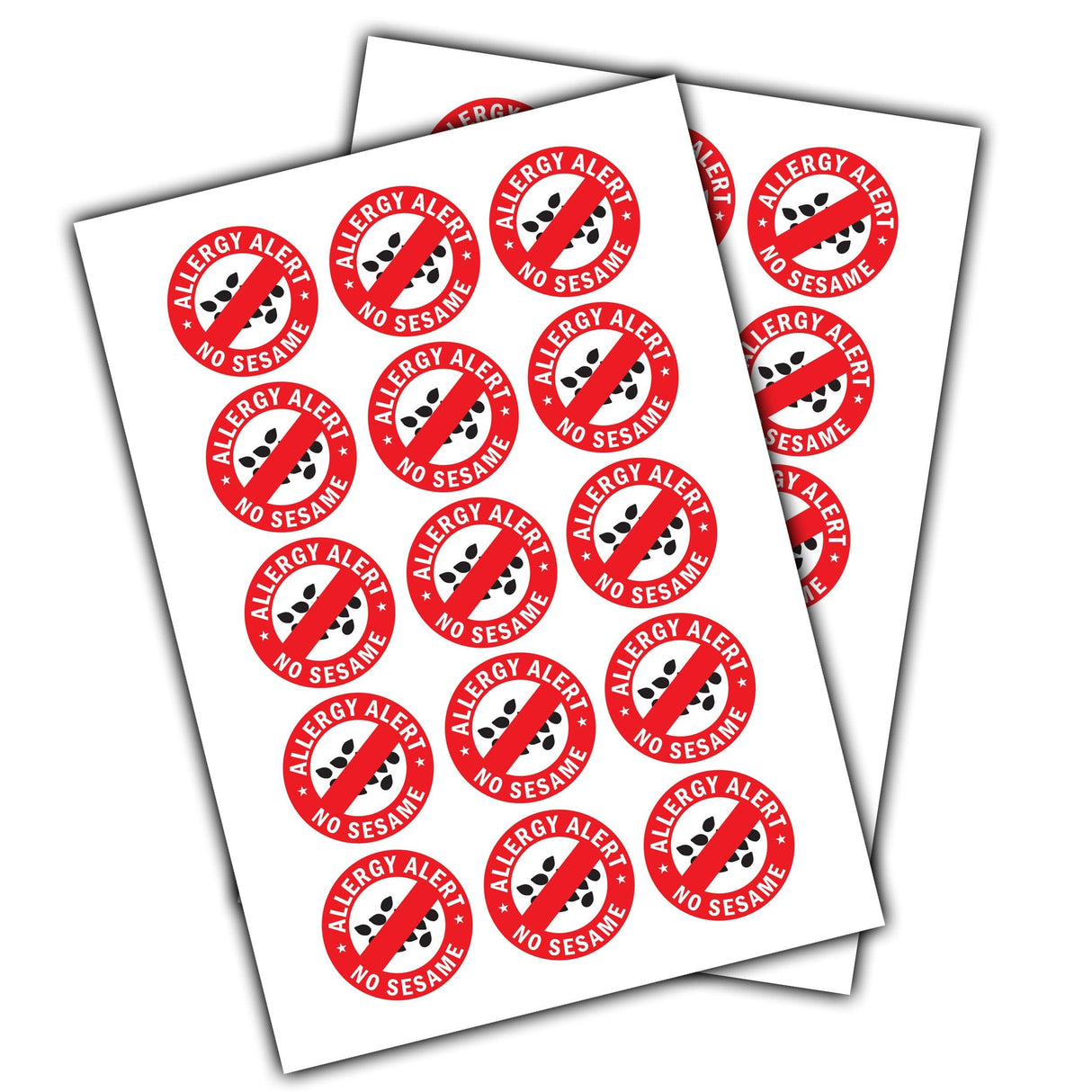 Sesame allergy alert stickers on sheets, designed for safety awareness and allergy prevention.
