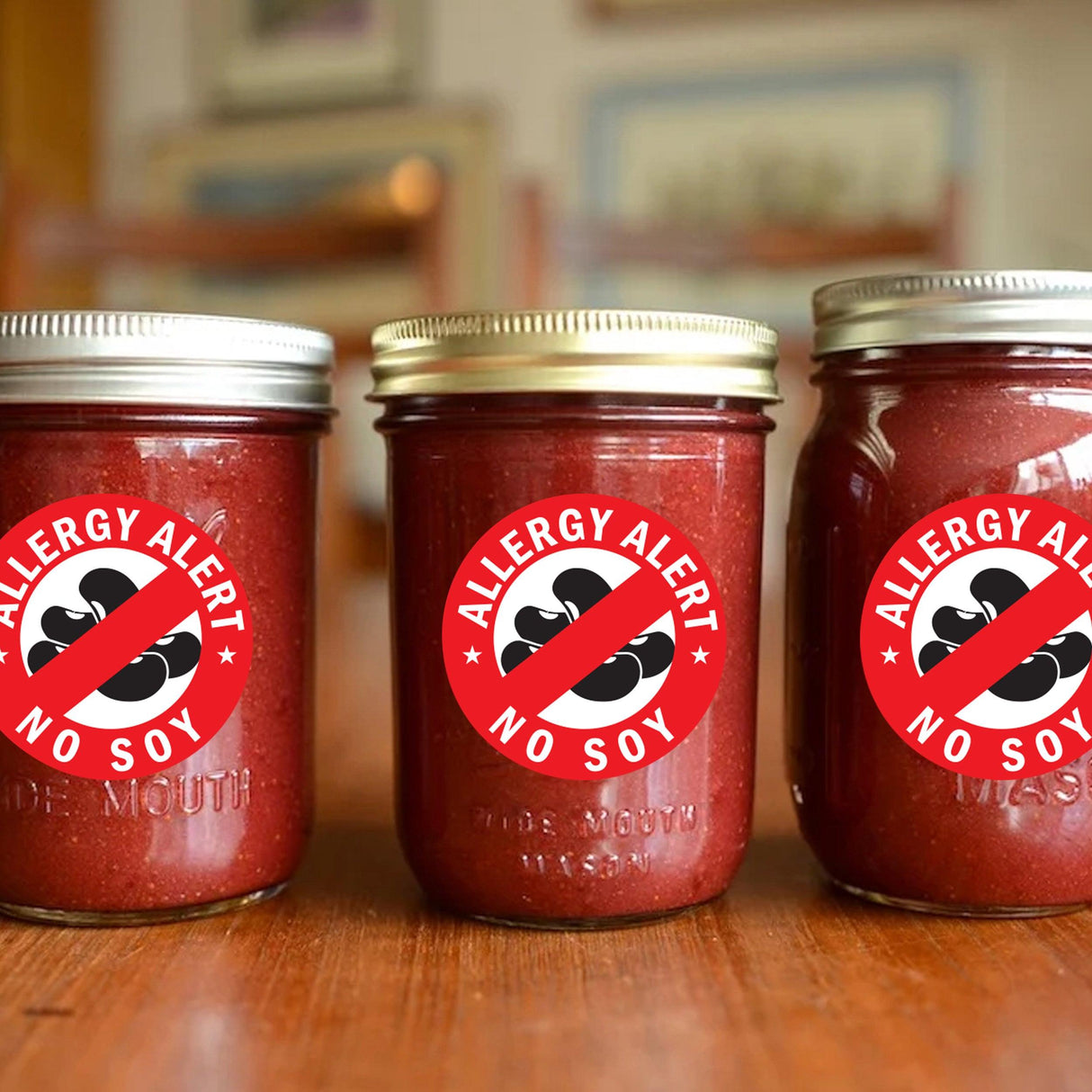 Three jars labeled with No Soy Allergy Alert stickers for food allergy safety awareness.