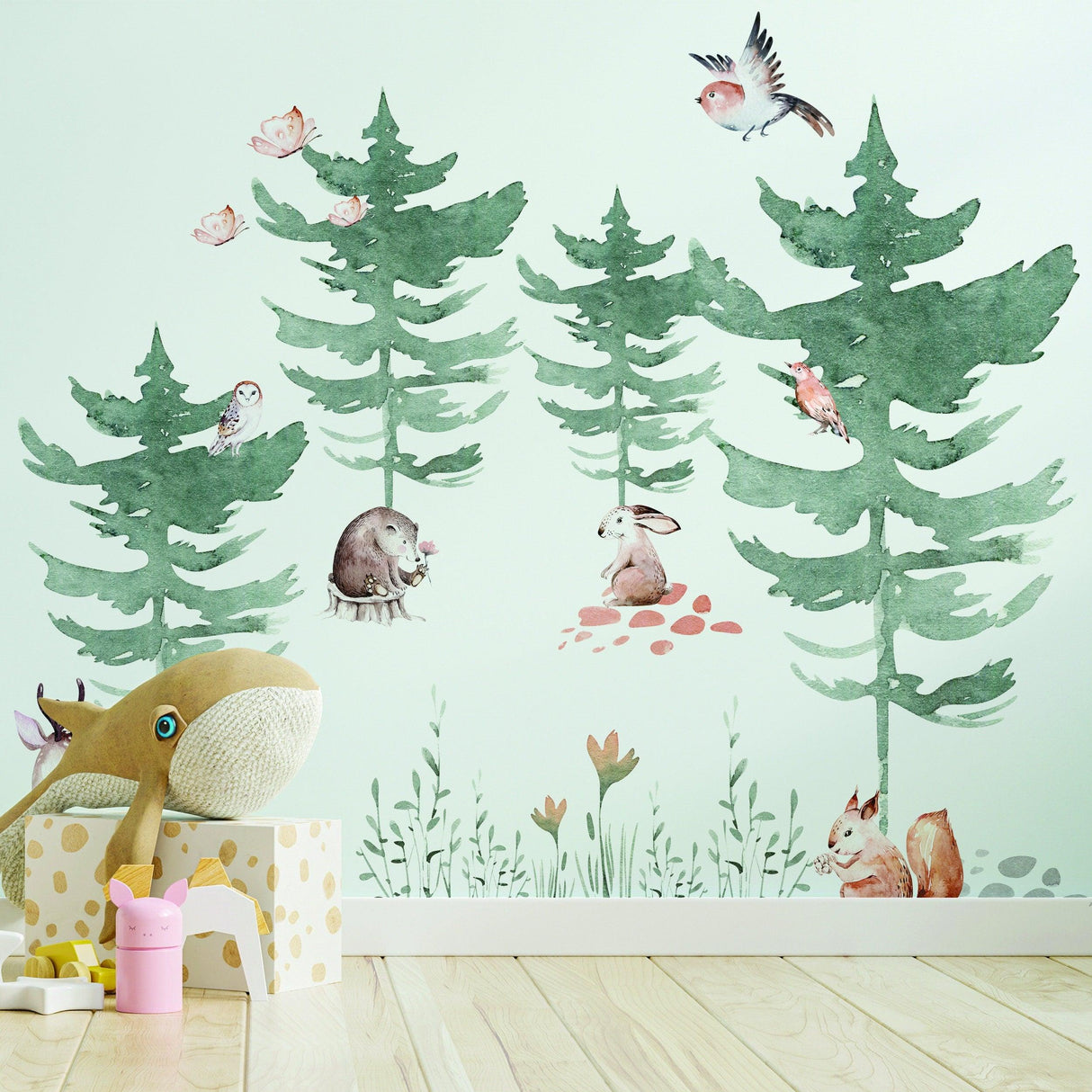 Watercolor woodland animals and trees wall decal set, perfect for creating a whimsical children's room decor.