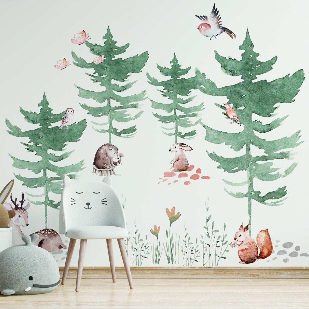 Forest animals and watercolor trees wall decal for kids room, featuring a fox, owl, deer, and playful details.