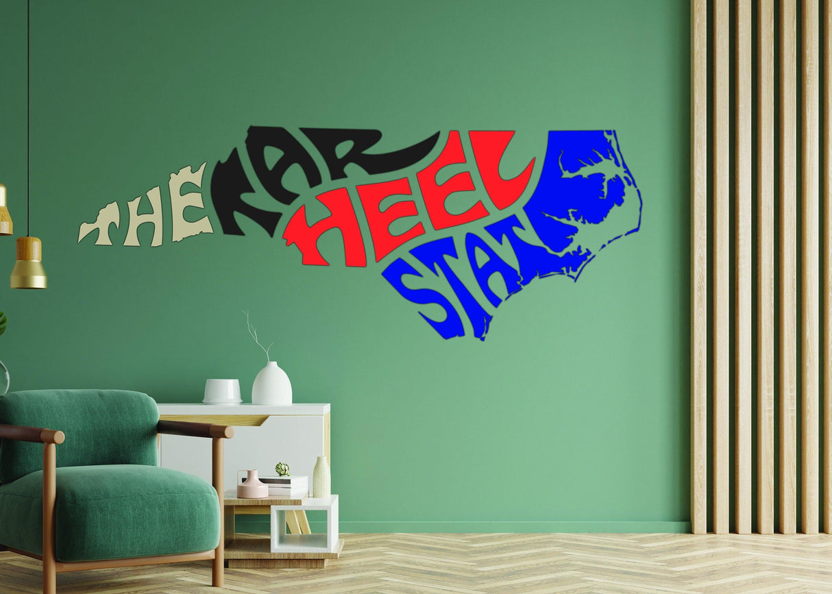 North Carolina Love Decal wall sticker featuring colorful typography on green wall, ideal for home decor.