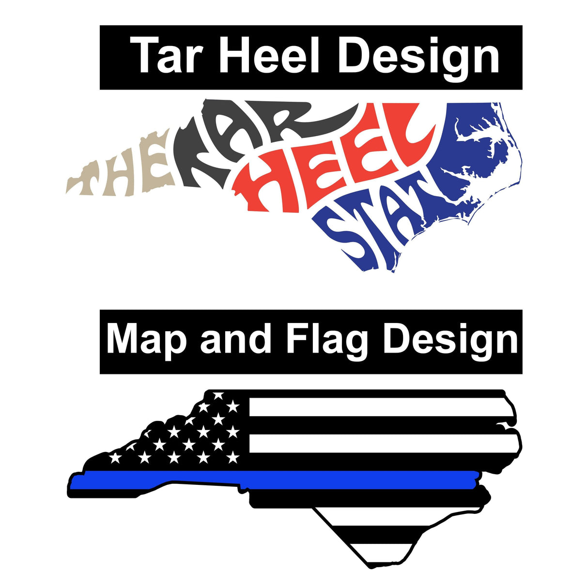 North Carolina Tar Heel state design with map and flag graphics, perfect for decorating or showing state pride.