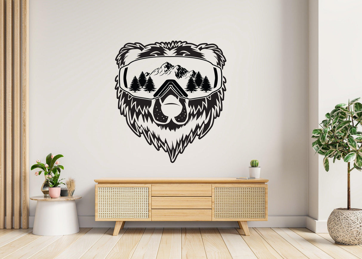 Vinyl wall decal of a bear wearing sunglasses with mountains and trees, perfect for rustic home decor.