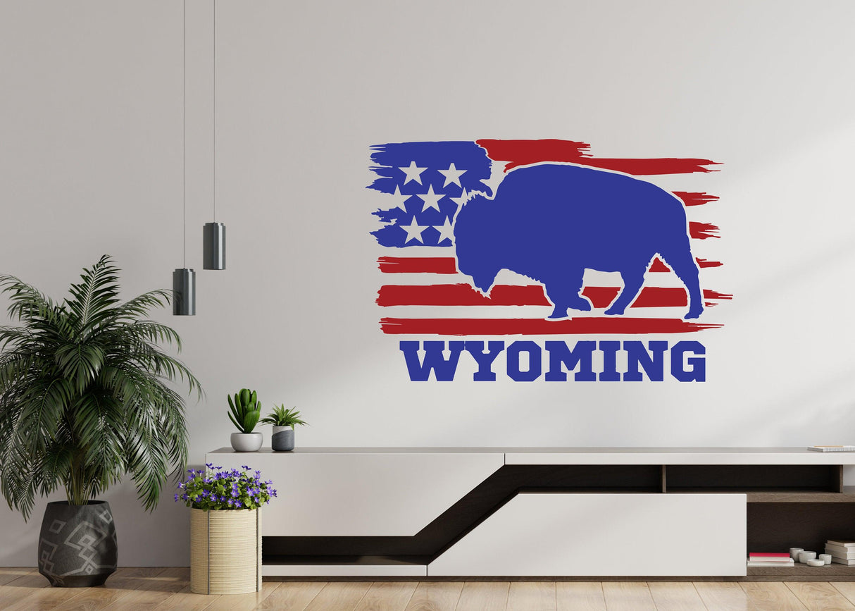 Wyoming bull wall sticker with American flag design in blue and red, adding rustic charm to home decor.