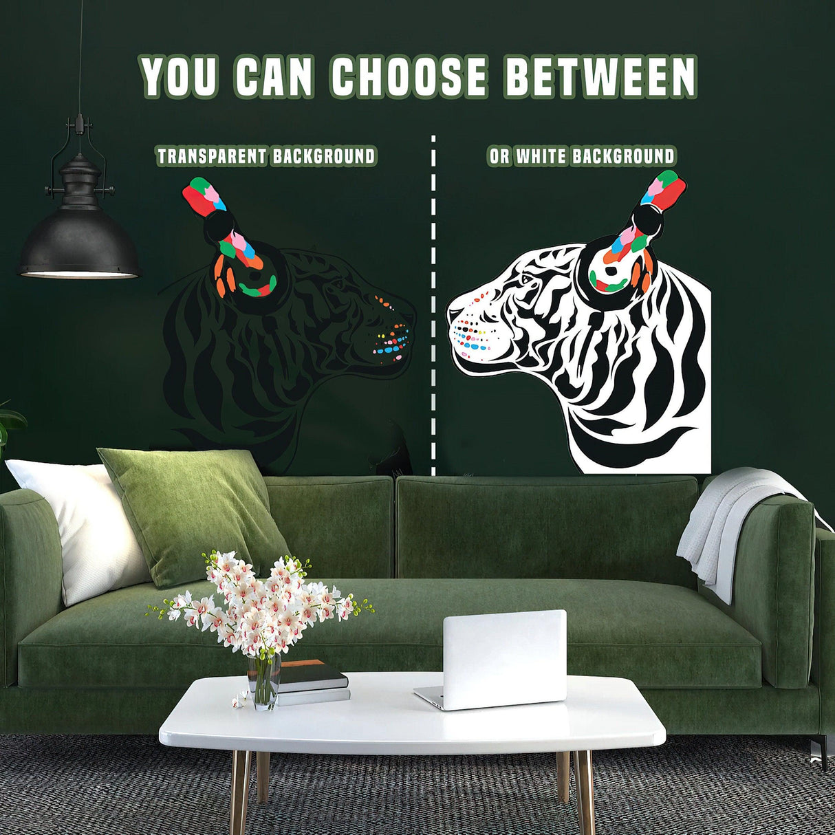Tiger wall art sticker options with transparent and white backgrounds showcased in a stylish living room.