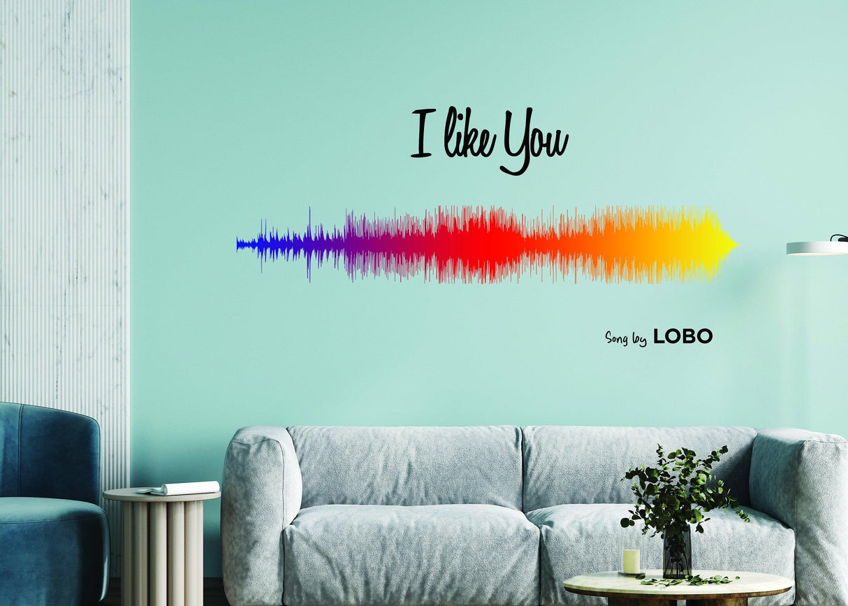 Personalized sound wave wall sticker featuring colorful design and text 'I Like You' by Lobo in a modern living room.