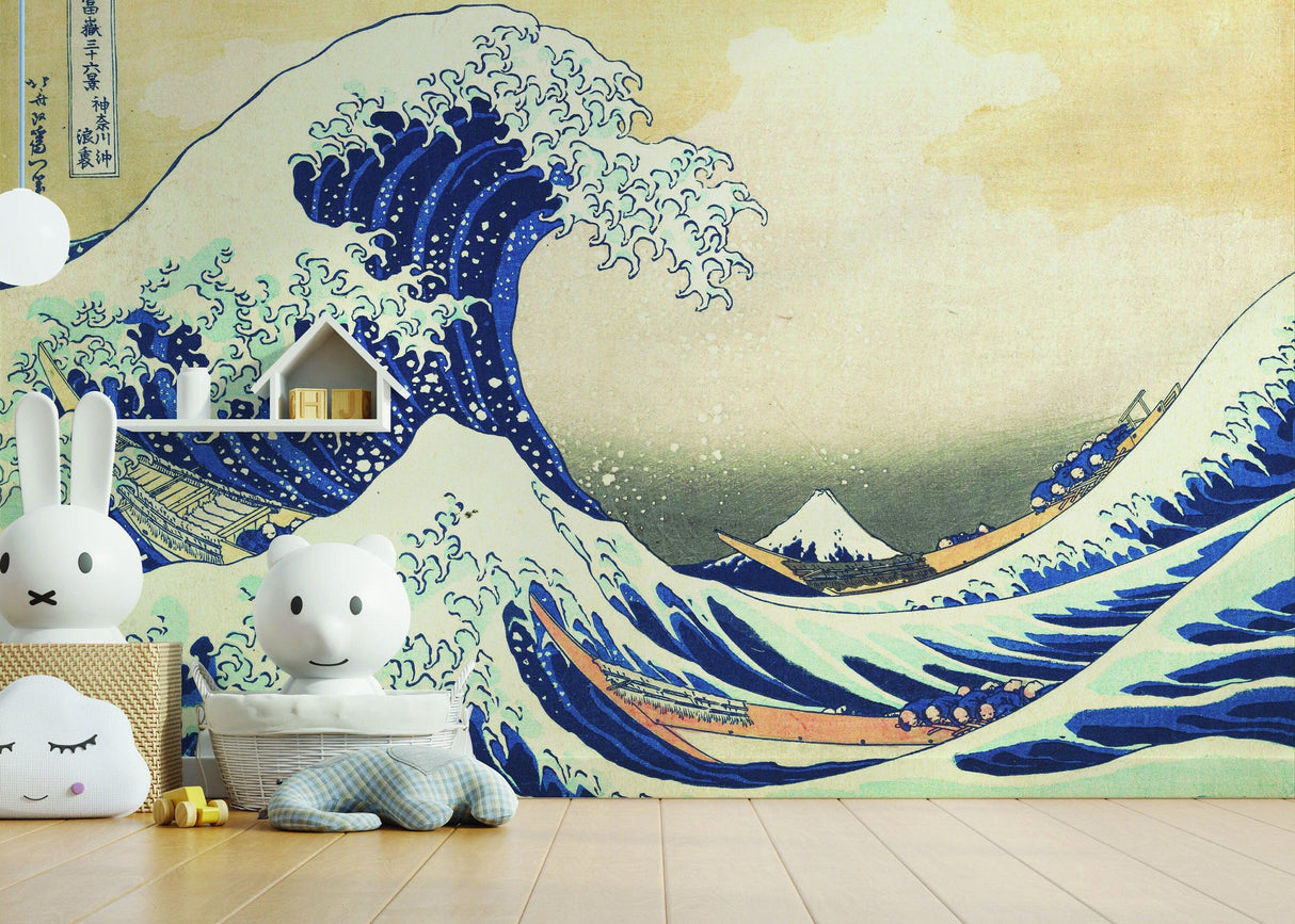 Kanagawa Wave wallpaper decal featuring the Great Wave off Kanagawa art in a stylish home decor setting.