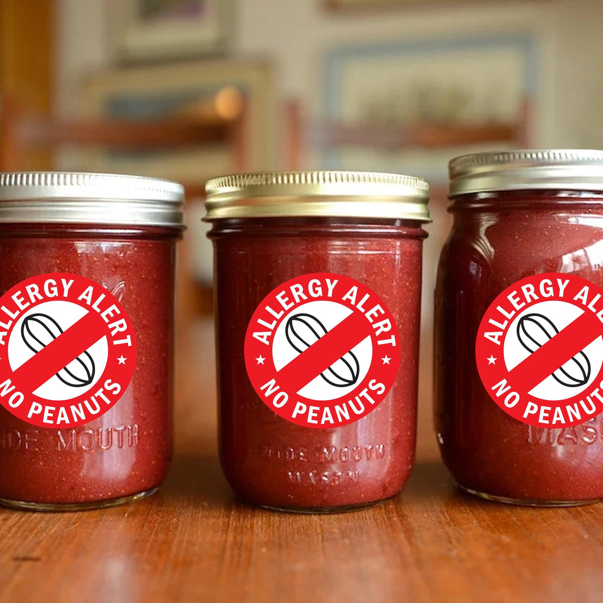 Peanut allergy alert stickers on jars, promoting safety and awareness for allergy sufferers.