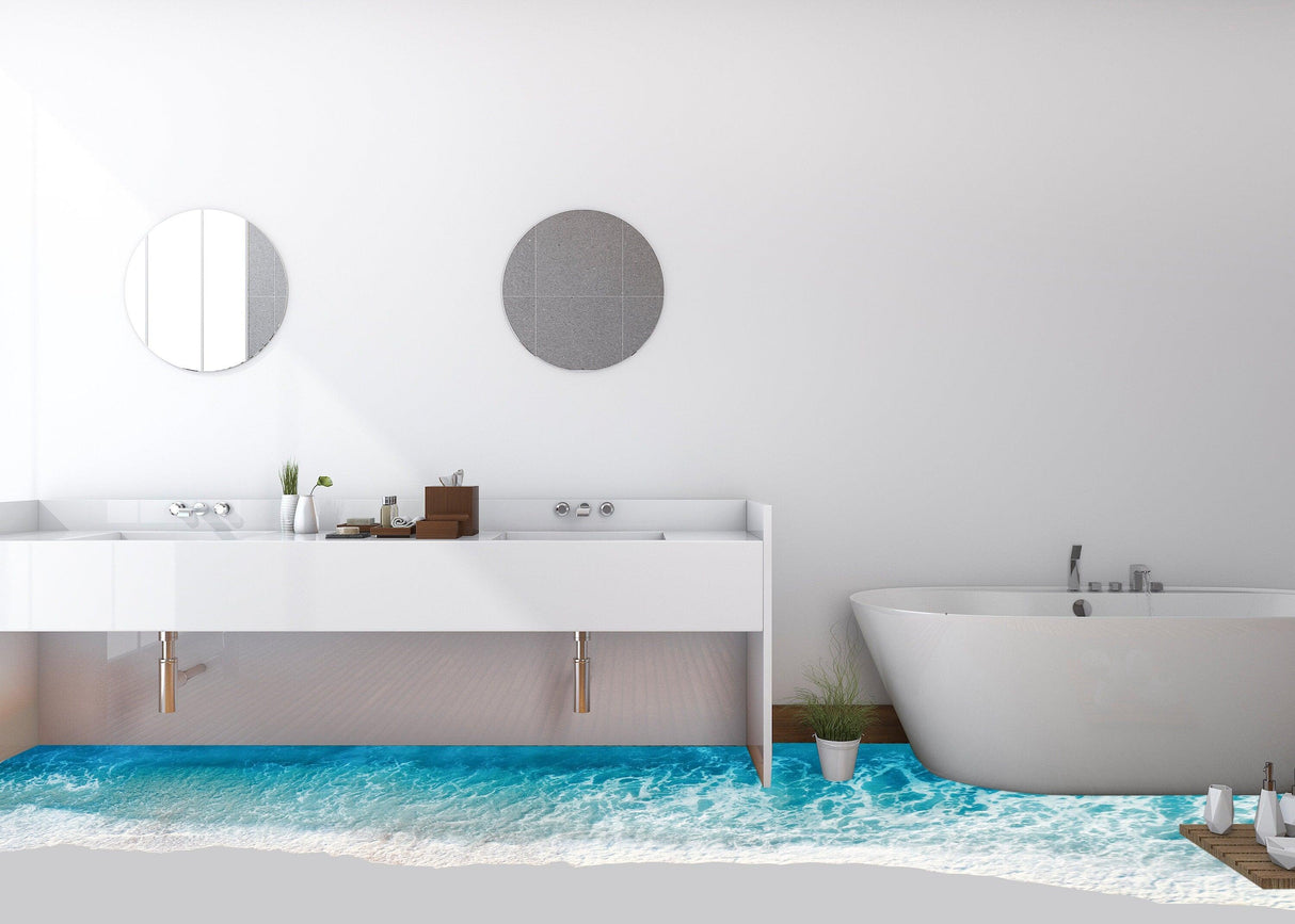 Stylish bathroom featuring a 3D ocean beach floor sticker, creating a tropical oasis effect.