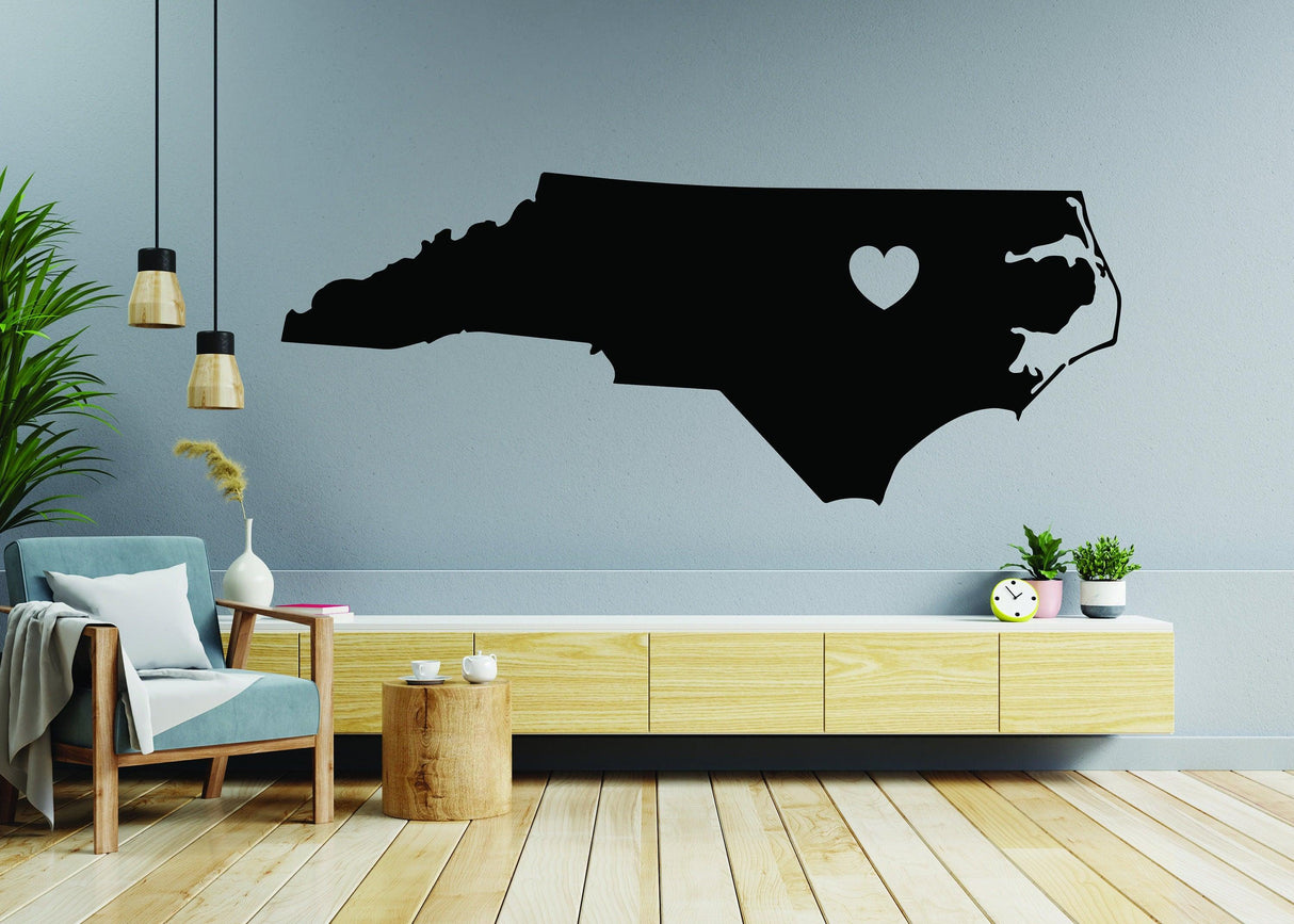 North Carolina vinyl wall decal with heart, stylish home decor for Tar Heel state pride.
