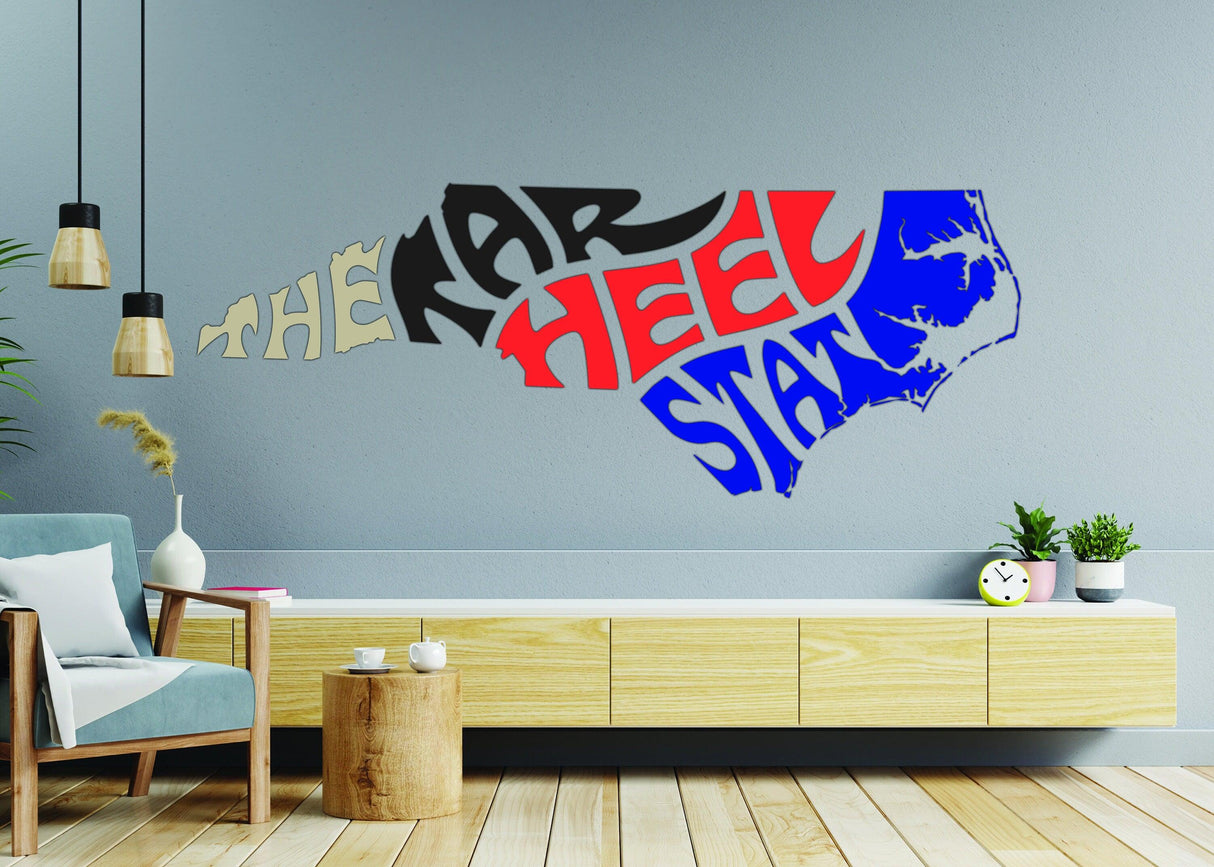 North Carolina wall decal featuring 'The Tar Heel State' in bold colors on a stylish interior wall.