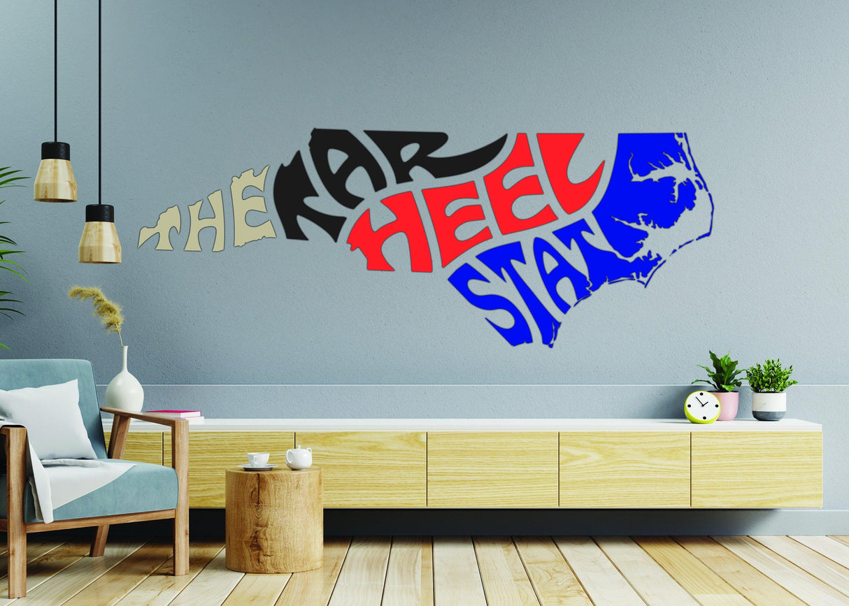 North Carolina vinyl decal featuring the phrase 'The Tar Heel State' in colorful design on a modern wall.