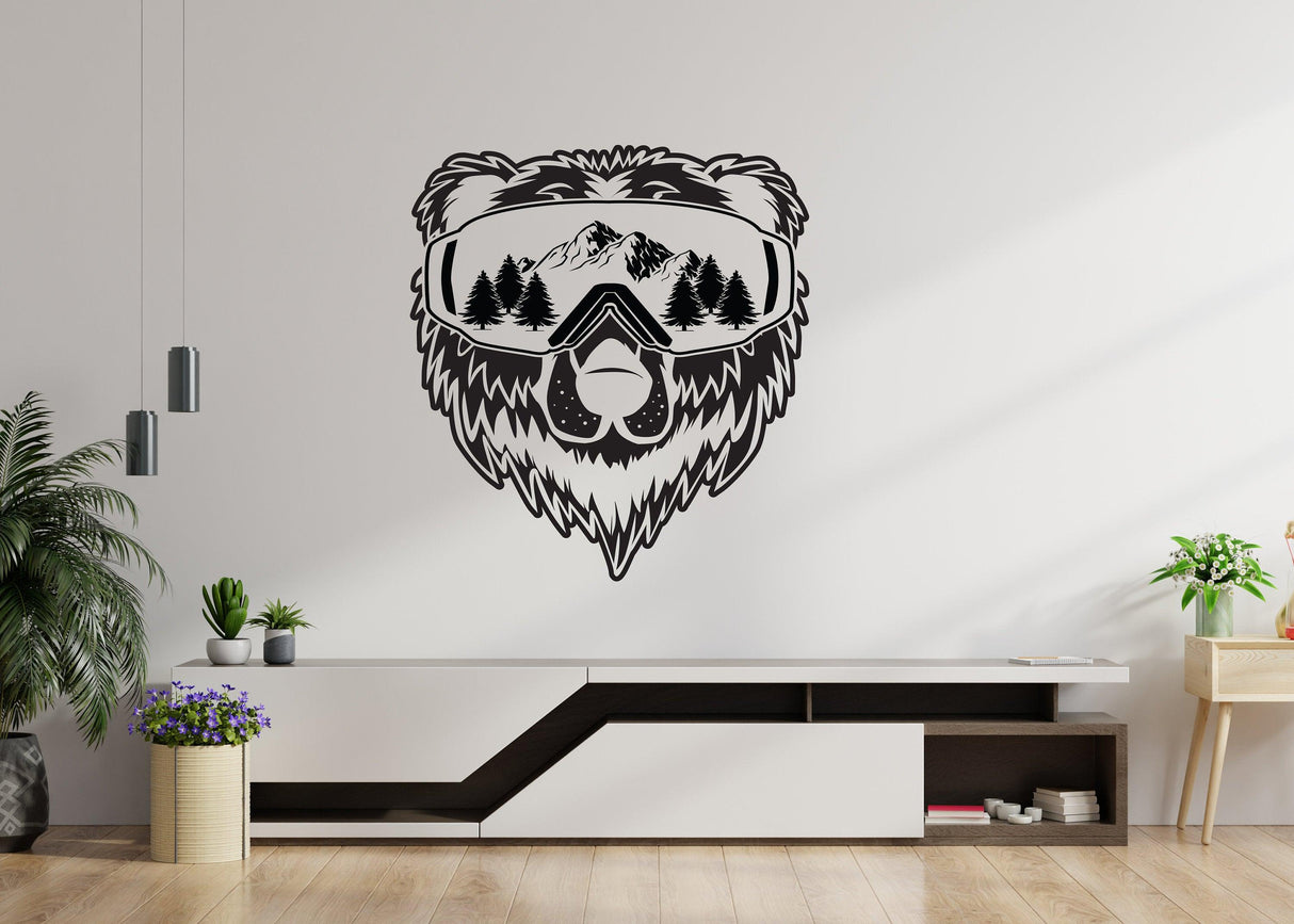 Wyoming bear wall decal with mountains and trees, perfect for rustic decor and outdoorsy themes.