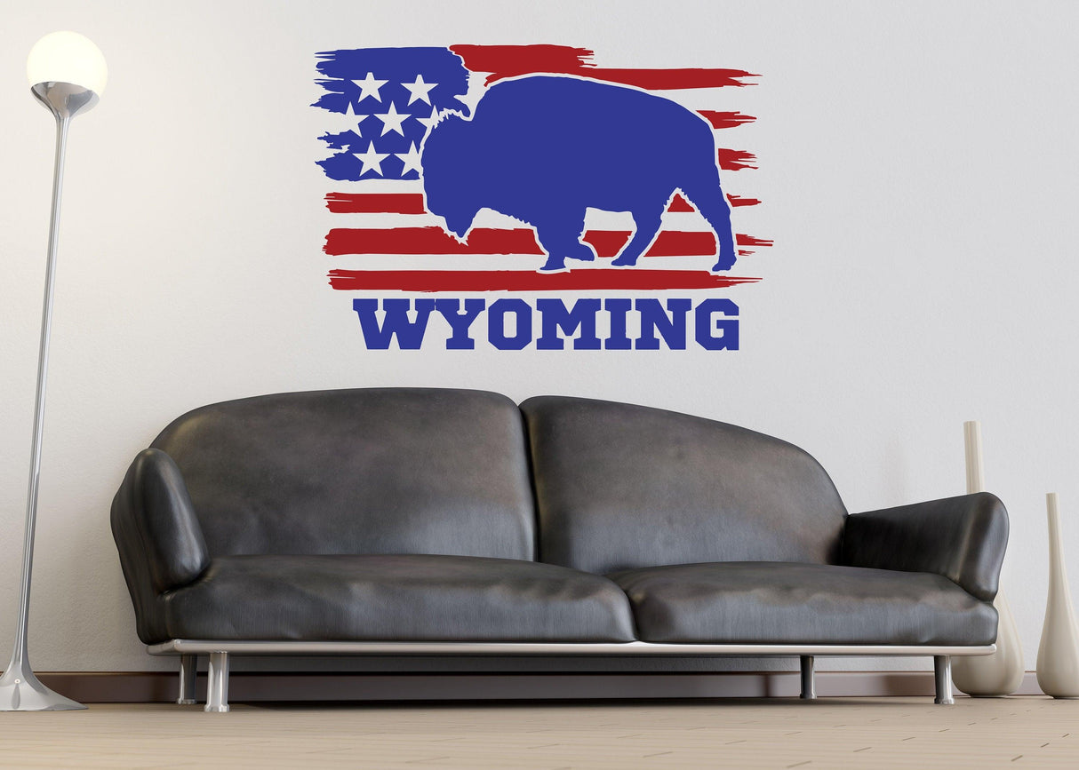 Rustic Wyoming wall decal featuring a bison silhouette and an American flag design, perfect for Western decor.