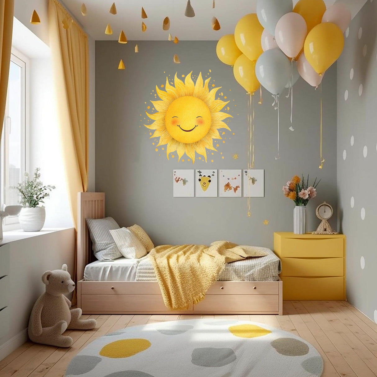 Cheerful watercolor sun wall sticker in a cozy nursery with balloons and playful decor.