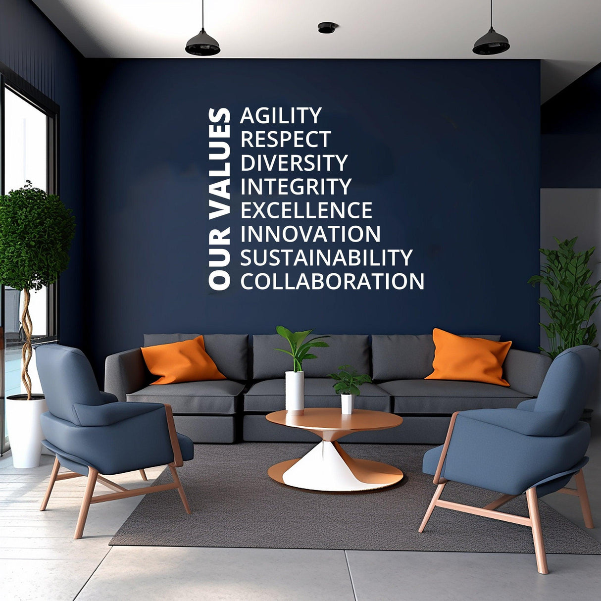 Our Values Office Wall Decal featuring words like Agility, Respect, and Integrity in a modern conference room setting.