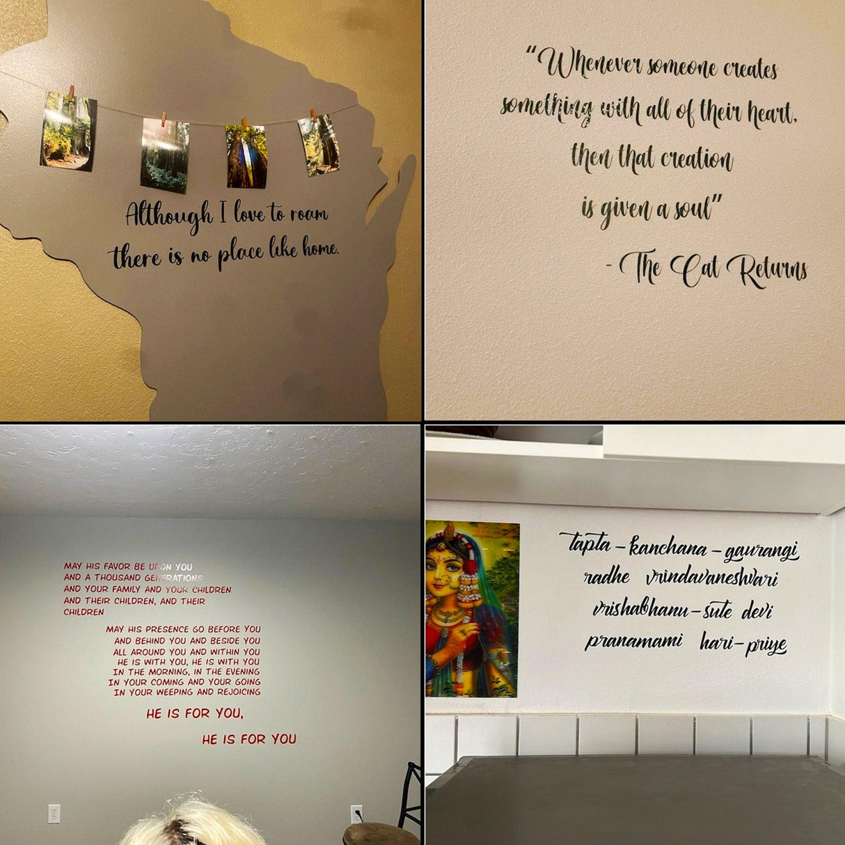 Collage of custom scripture wall stickers featuring inspirational quotes and designs in various home settings.
