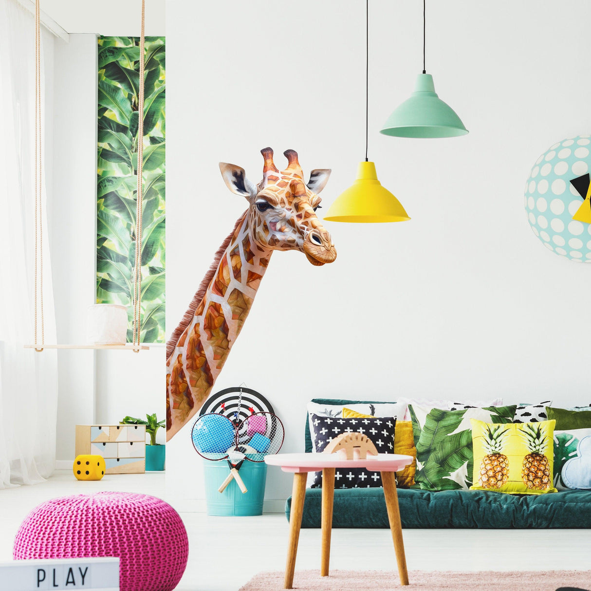 Giraffe wall decal adds playful safari charm to a bright and colorful living room decor.