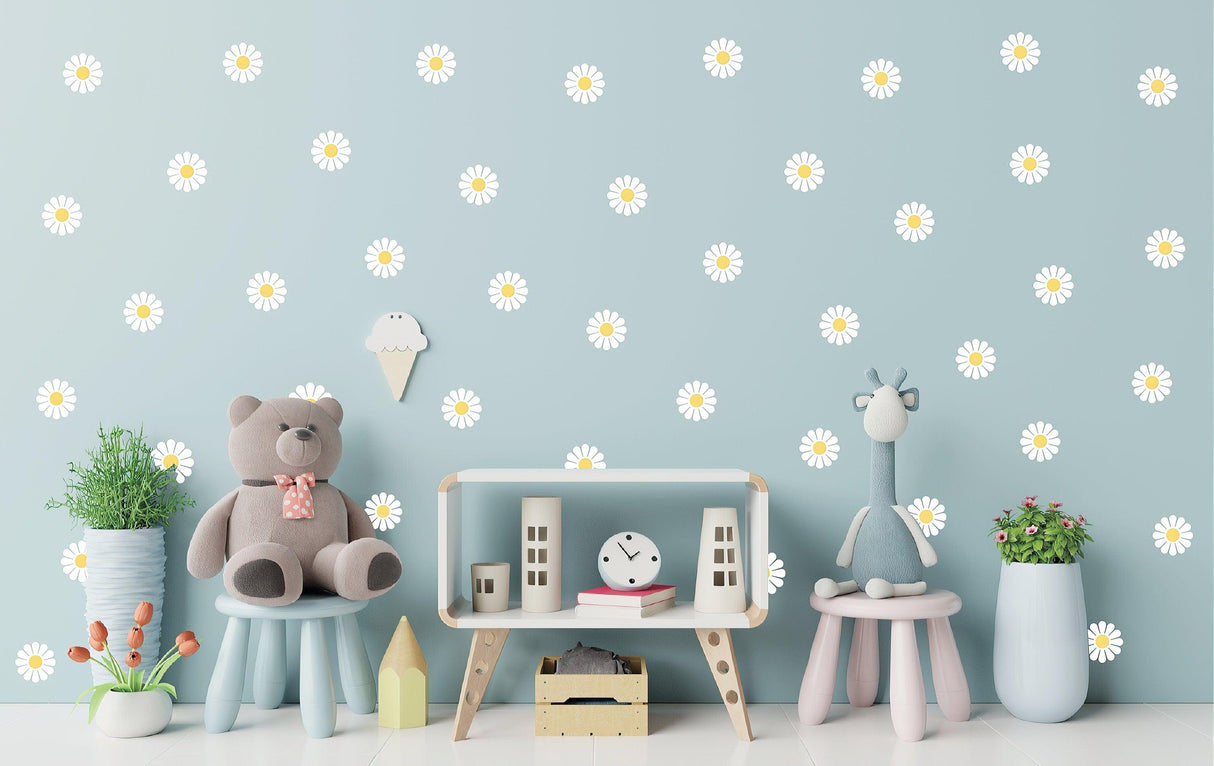 Colorful kids' room featuring peel and stick daisy flower wall decals, plush toys, and a playful decor setup.