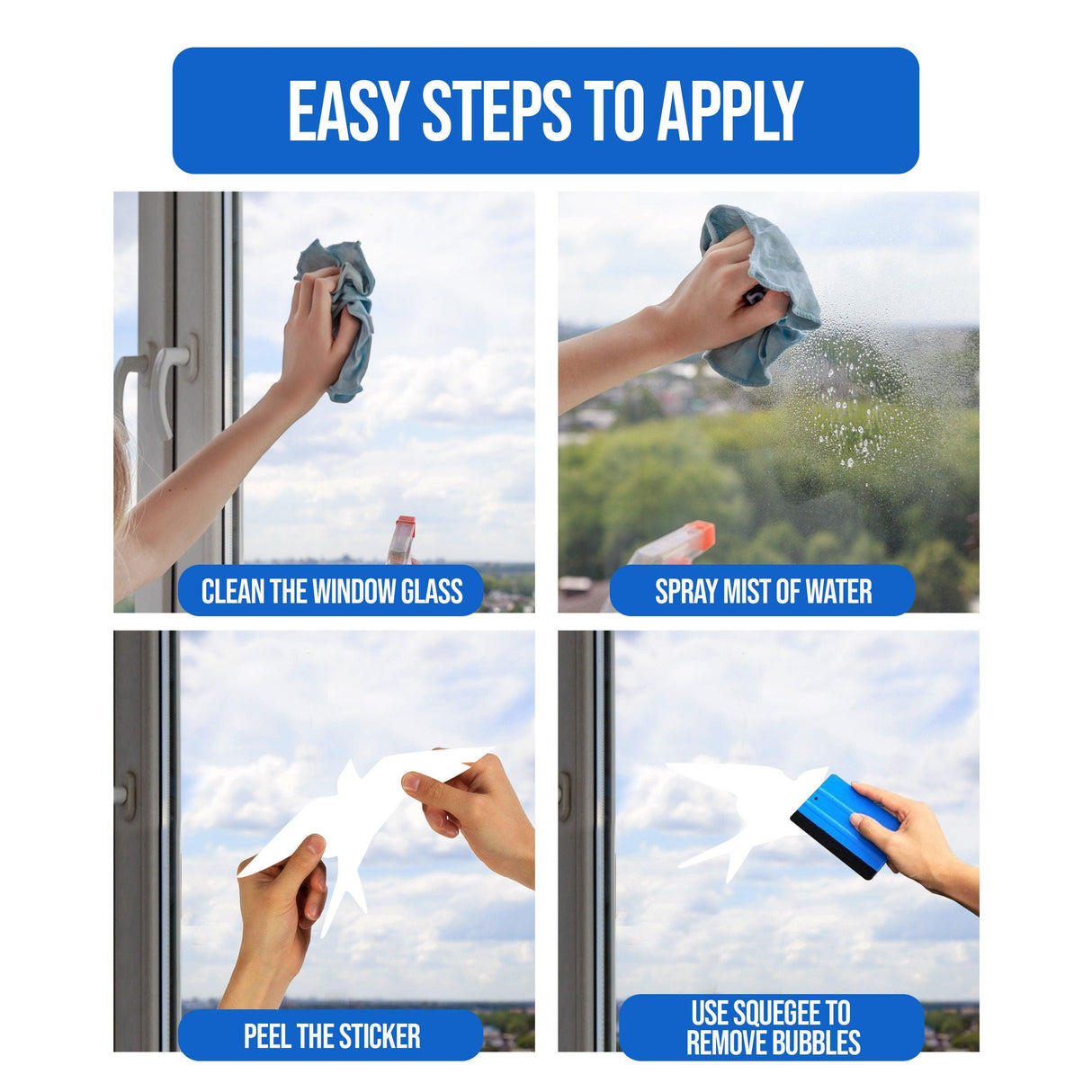 Easy steps to apply anti-collision bird stickers: clean, spray, peel, and use a squeegee for bubble-free application.