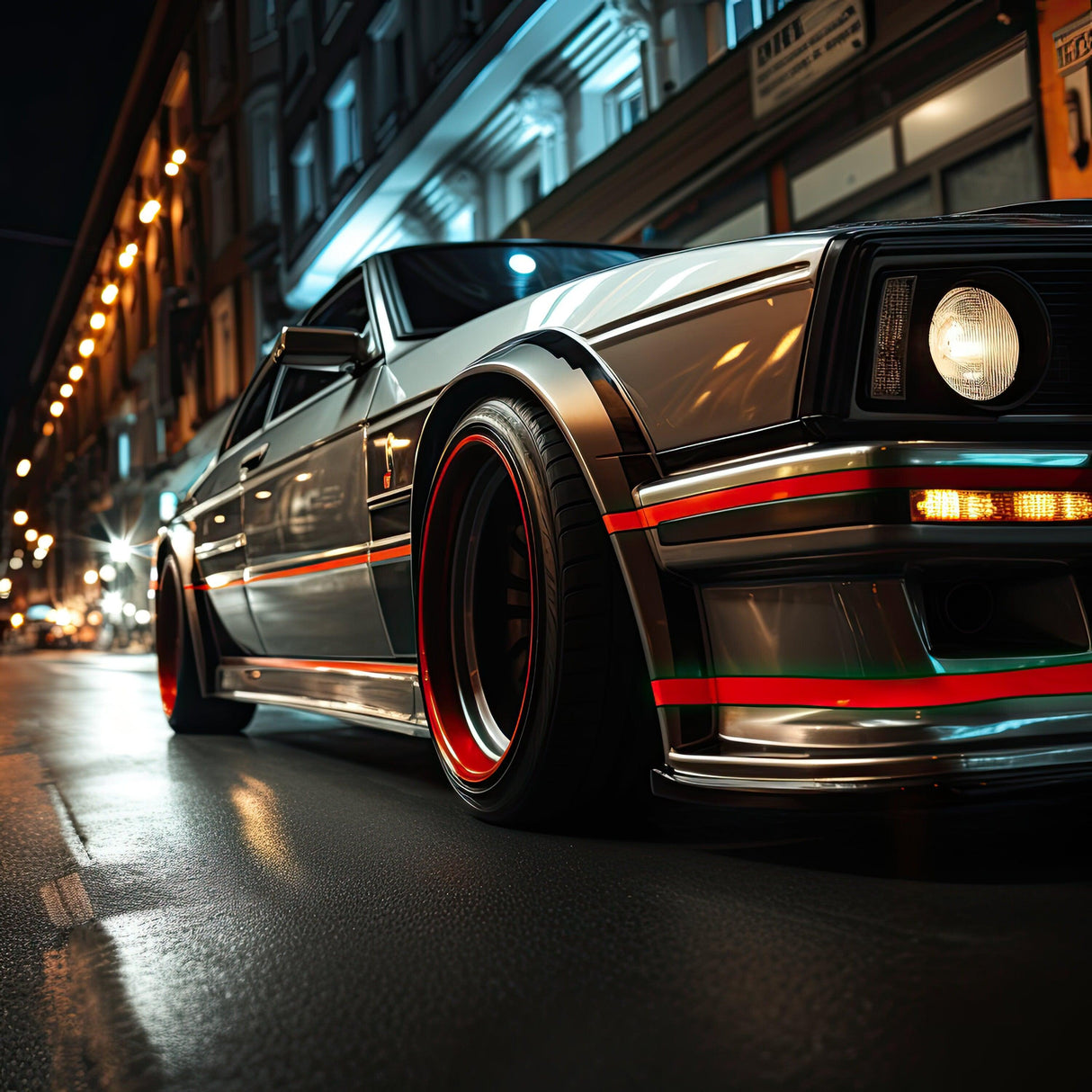 Car with custom vinyl thin line stickers, showcasing a modern and sleek design in a vibrant urban setting.