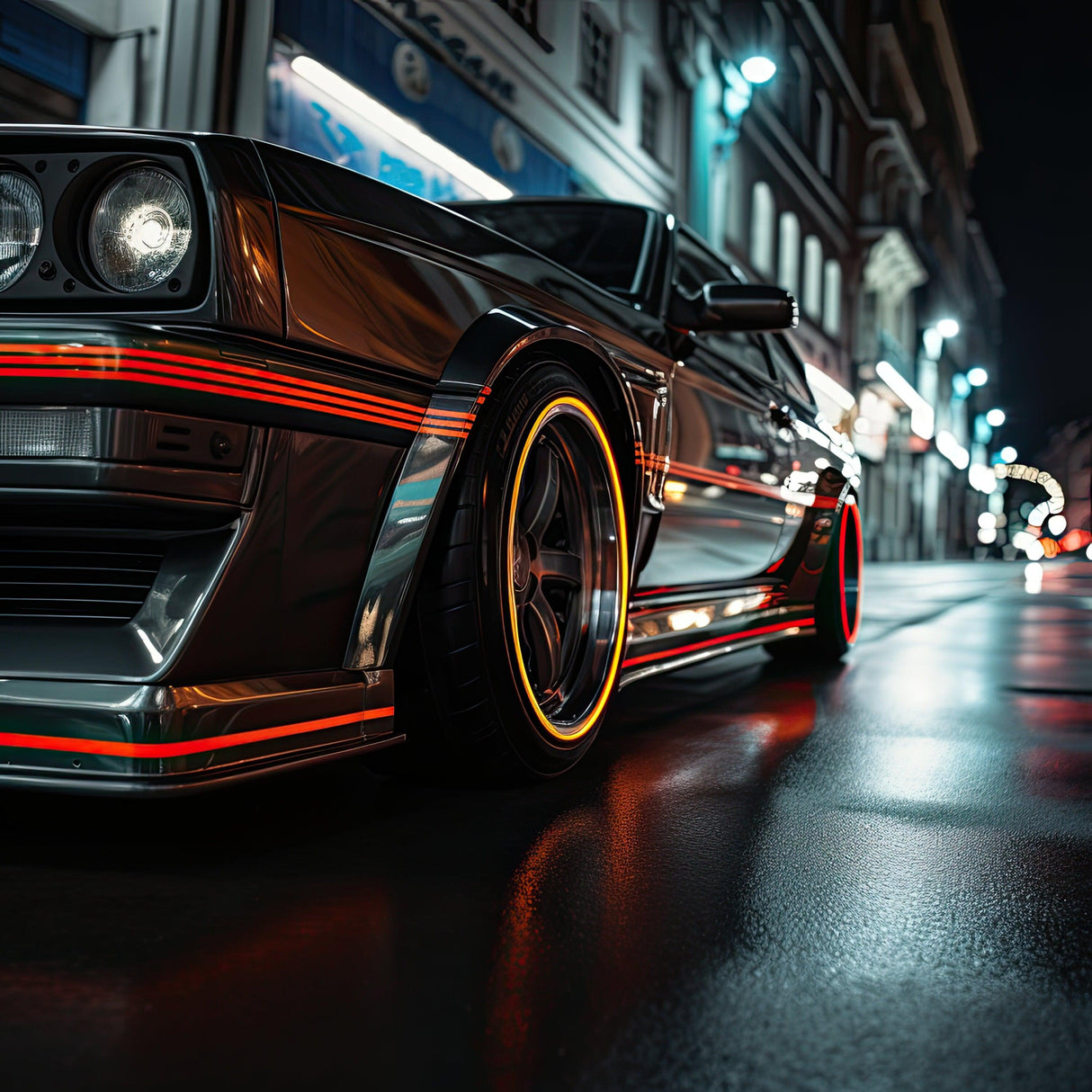 Close-up of a stylish car with sleek vinyl thin line stickers in geometric patterns on a rainy night.
